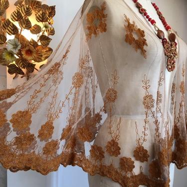 Vintage lace cape, embroidered poncho, sheer net capelet, bohemian