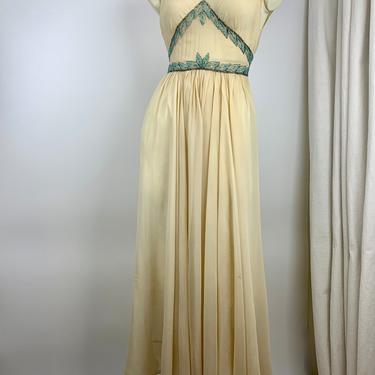 1950'S Grecian Goddess Dress - Champagne Silk Chiffon with Aqua &amp; Graphite Glass Beadwork - Hand Beaded Plunging Empire Bodice - X-Small 