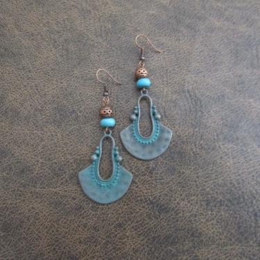 Patinated earrings, bohemian boho patina earrings, ethnic statement earrings, teal earrings, primitive etched copper, ornate earrings 10 