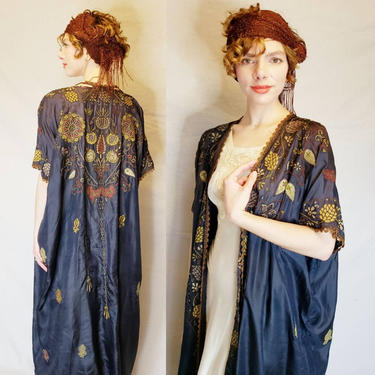 Edwardian 1910s Blue Silk Robe Duster Metallic Embroidery / 1900s Art Nouveau Era Ankle Length Lounger AS IS / One Size Fits Most 