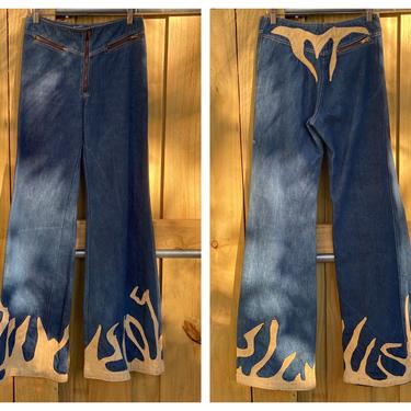 1970's Denim and Leather Jeans / Fire Flames Leather Patched Jeans / Bell Bottoms / Seventies Denim 