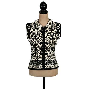 Nordic Fair Isle Sweater Vest, Black &amp; White Knitted Waistcoat, Sleeveless Knit Zip Up, Winter Clothes Women, Vintage Clothing Small Medium 