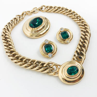 80s Givenchy Jewelry Parure | Green Emerald Cut Glass &amp; Gold Chain Choker Brooch Earrings | Givenchy 