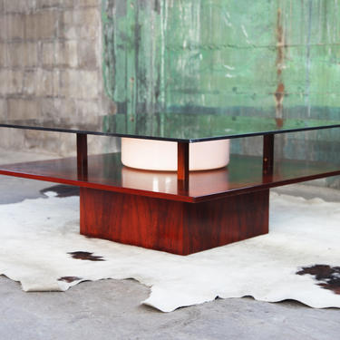 EXTREMELY RARE Danish Mid Century Modern Rosewood + Smoked Glass Lighted Cube Table Cocktail Coffee MCM Postmodern Style Denmark 