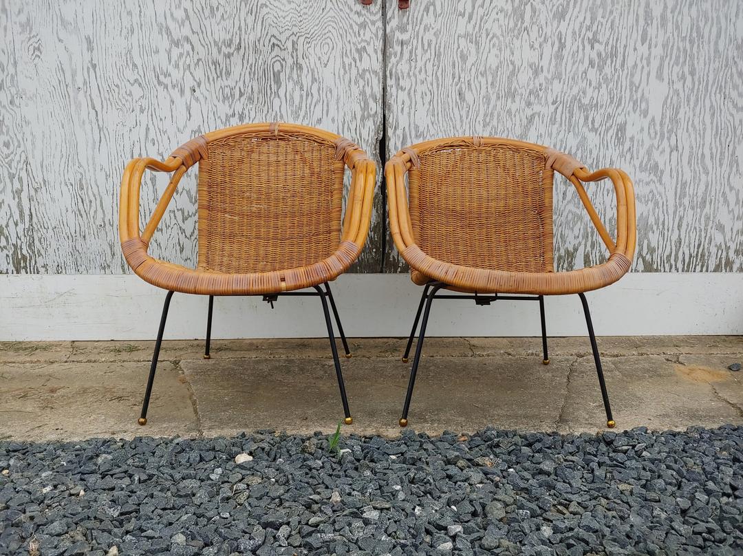 Mid Century Modern Pair Of Calif Asia Bamboo And Wicker Basket