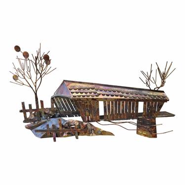 READY 1970s Vintage Brutalist Copper Covered Bridge Metal Wall Sculpture in the Style of Curtis Jere