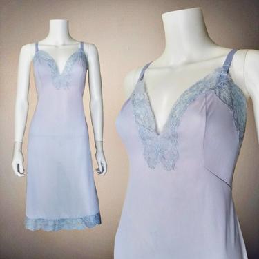Vintage 50s Blue Full Slip, Large / Lace Slip Dress / Vintage Pinup Lingerie / Silky 1960s Nylon Dress Slip / Floral Lace Plunging Bust 
