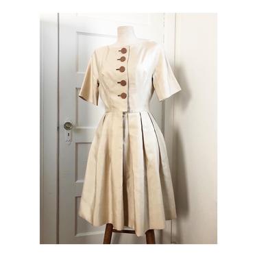1950s Pearly White Silk Tea Dress- with Brown Buttons by Miss Elliette of California- size med 