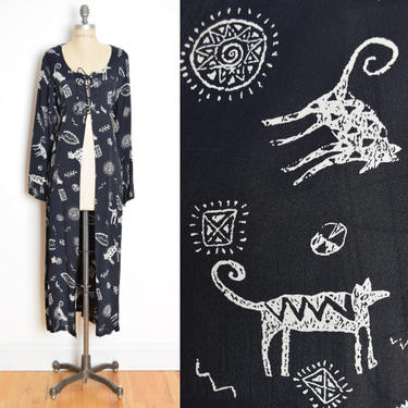 vintage 90s duster jacket black CATS &amp; DOGS print long corset lace up dress L clothing 