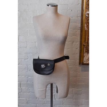1990's | Vintage Leather Belt Bag with Silver Flowers 