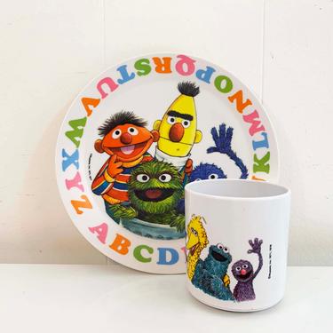 Vintage Sesame Street Mug Plate Set Plastic 1977 1971 1970s Kids Baby Muppets Jim Hensen Muppet Alphabet ABC's Oscar Grouch Grover Big Bird 