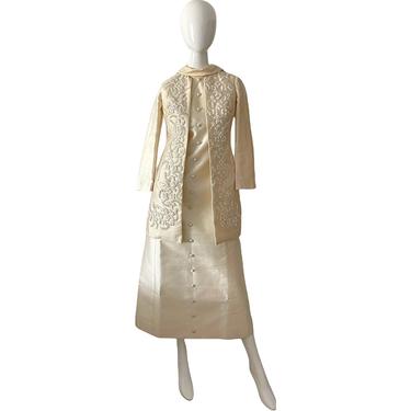 60s Wedding Brocade Dress / Vintage Silk Beaded Dress Set / 1960s Ivory Deadstock Dress Set XS 