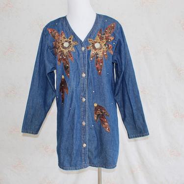 Vintage 80s Denim Shirt, 1980s Patchwork Top, Studded, Rhinestone, Western, Jean, Blouse 