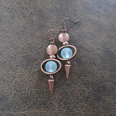 Blue sea glass earrings, boho chic earrings, tribal ethnic earrings, bold earrings, copper earrings, unique artisan earrings, ice blue 