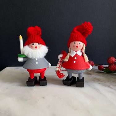 2 Vintage Swedish Christmas Figurines Ornaments Decor, Tomte - Wood, Knit, Handmade, Hand Painted, Girl n Boy, Scandinavian Folk Art 