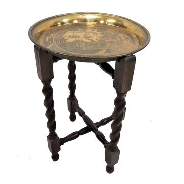 Vintage English Small Brass Top Barley Twist Chairside Folding Table 