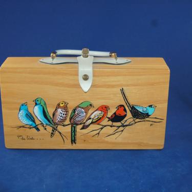 Vintage Enid Collins Wooden Box Purse from 1966 &amp;quot;For the Birds&amp;quot; ~ 1966 Enid Collins Blond Wooden Box Purse with White Leather Clasp &amp; Handle 