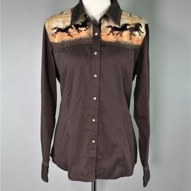 1980's , 1990s, "Mustang Sally" Retro Rockabilly, Cowgirl shirt - Pearl Snap - Circa 1990s - by Reba 