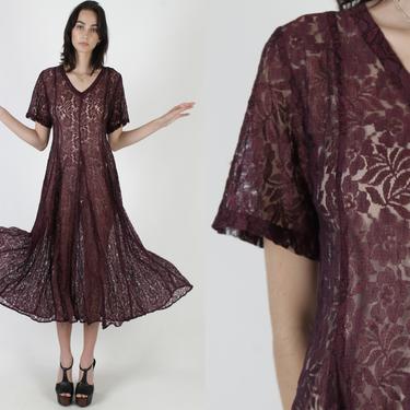 1990s Burgundy Grunge Dress / Maroon Sheer Lace Maxi Dress / 90s Full Skirt Gypsy Dress / Vintage V Neck See Through Gothic Dress 