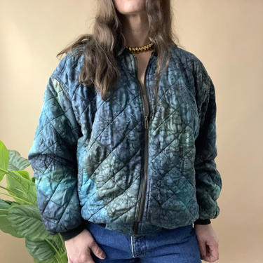 Vintage Blue Green Tie Dye Quilted Silk Bomber Jacket, Size M 
