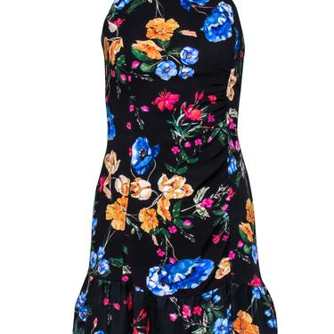 Parker - Black &amp; Multicolor Floral Print Ruched Sheath Dress w/ Flounce Hem Sz 2