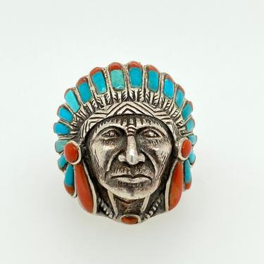 Vintage Artisan Sterling Silver Turquoise Coral Indian Chief Ring Mens Sz 11 