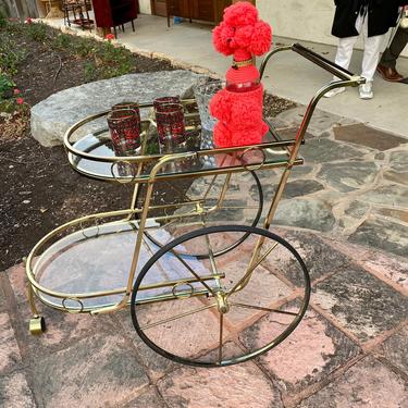 1970s Mid Century Modern Brass &amp; Glass Bar Cart with Large Wheels 