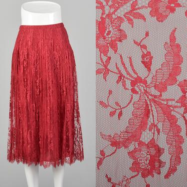 Small 1970s André Laug for Audrey Hepburn Red Lace Skirt Pleated Scallop Hem Designer 