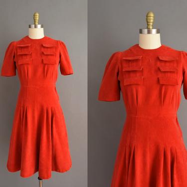 vintage 1940s dress | Candy Apple Red Corduroy Short Sleeve Holiday Dress | Small | 40s vintage dress 