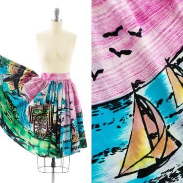 Vintage 1950s Circle Skirt | 50s Mexican Novelty Print Hand Painted Cotton Tourist Souvenir Swing Skirt (small) 