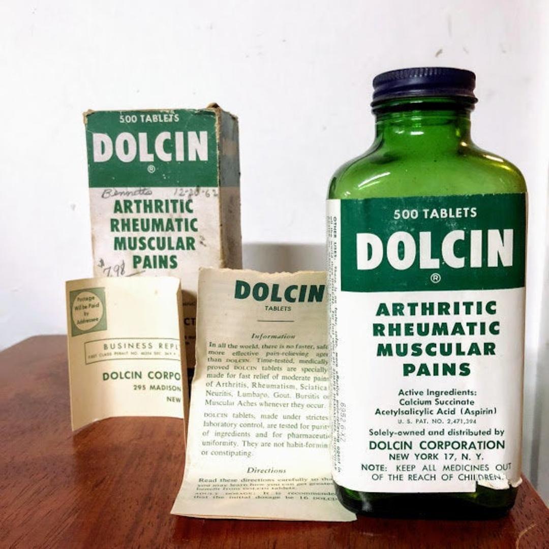 Vintage Dolcin Green Glass Medicine Bottle and Box Over the Years