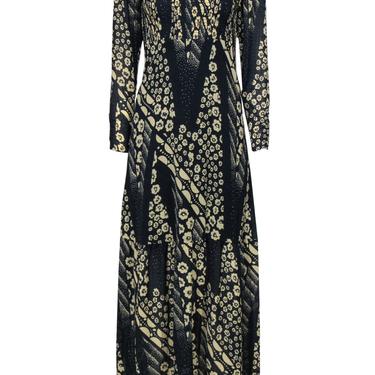 Ba&sh - Navy & Beige Floral Maxi Dress w/ Sheer Sleeves Sz 0