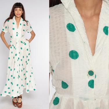 1950s Dress White Polka Dot Dress Button Up Shirtdress Mad Men Tea Length Maxi Day Dress 50s Vintage Short Sleeve Green Extra Small xs 