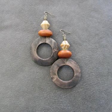 Big wooden earrings, natural Afrocentric earrings, mid century modern earrings, African earrings, bold statement, unique ethnic orange 