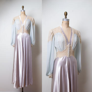 1940s Satin Lace Sheer Peignoir / 40s Old Hollywood Satin Dressing Gown 