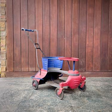 Antique Baby Stroller Walker Shuler Streamliner Original Unrestored Blue White Metal 1940's Collectible Rare Vintage 