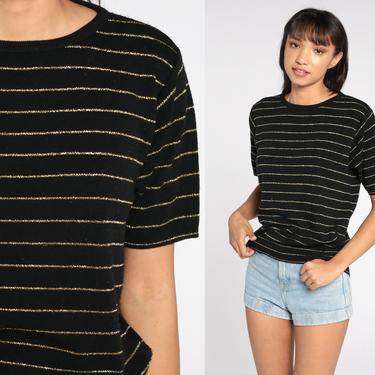 Metallic Striped Top 80s Striped Knit Shirt Black Gold Short Sleeve Sweater Top Knit Shirt 90s Vintage Party Retro Slouchy Medium 