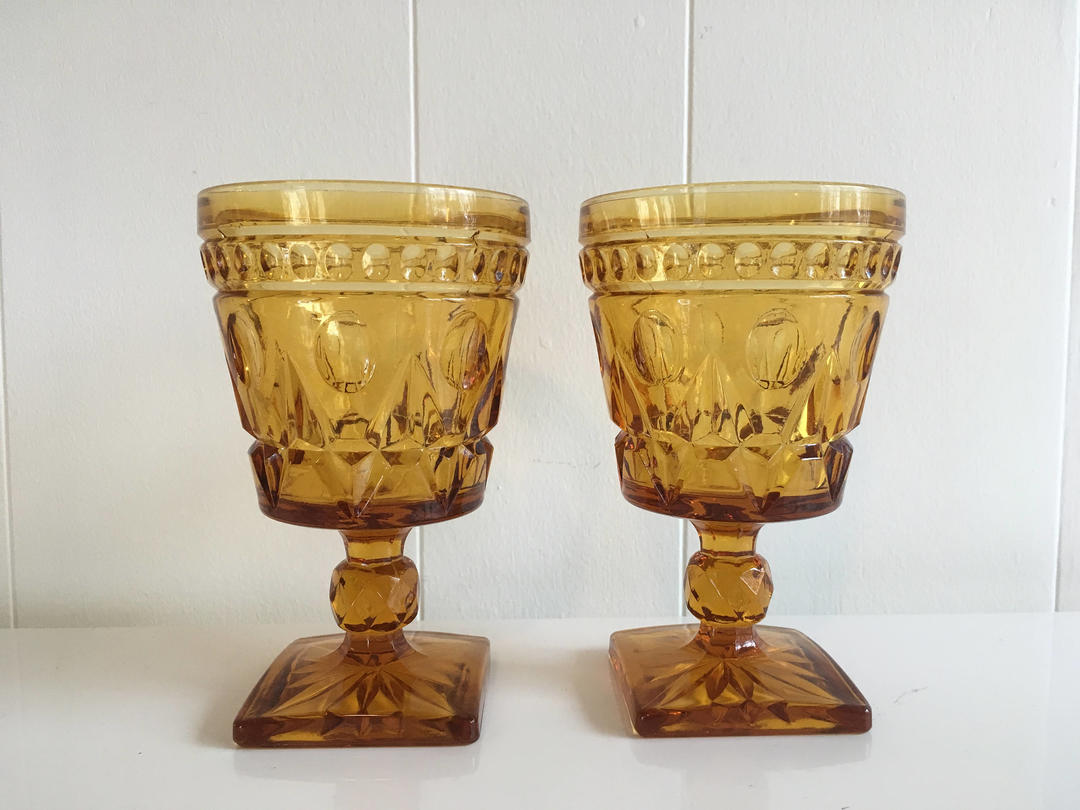 Vintage Mount Vernon Amber Water Glasses Square Base Goblet Set Check