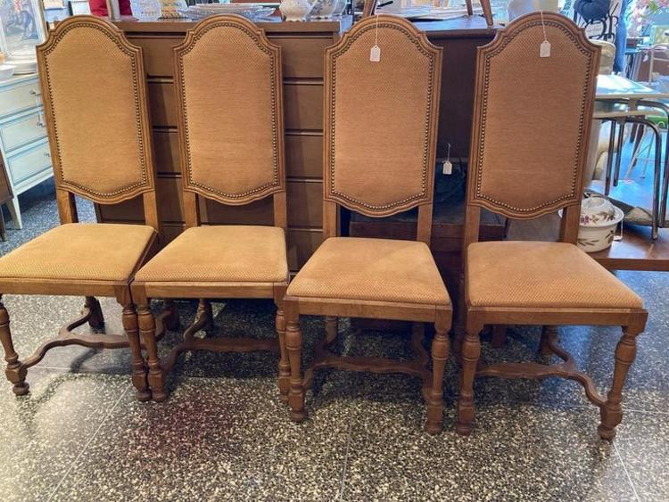 1970’s upholstered oak chairs. 7 available 18” x16” x 45” seat height 18”