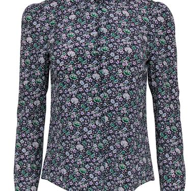 Rebecca Taylor - Navy Floral Silk Blend Collared Blouse Sz S