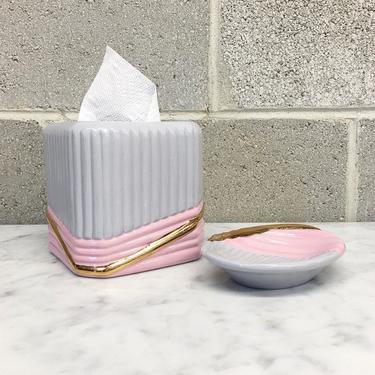 Vintage Tissue Box Cover and Set Retro 1980s Ceramic + Pink + Lavender Gray + Art Deco Revival + Soap Dish + Home and Bathroom Decor 