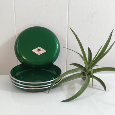 MCM Emalox Smoking Set or Coasters Set of Four (4) Ashtrays Ash Tray Forest Green Norway 1960s Norwegian Scandinavian Modern Aluminum Enamel 