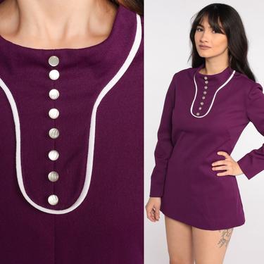 Mod Micro Mini Dress 60s Purple Shift Dress Tunic Top 70s Space Age Plain Polyester Vintage Long Sleeve Small S 