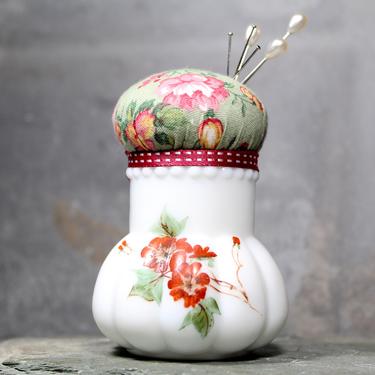 Floral Ceramic Upcycled Pin Cushion - Vintage Milk Glass Miniature Bud Vase Transformed Into a Pin Cushion - Handmade  | FREE SHIPPING 