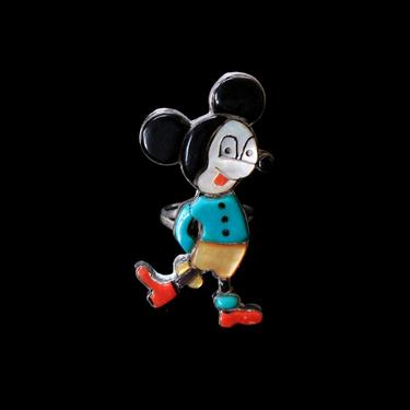 Mickey Mouse Zuni Ring / Native American Southwest ZUNITOON Inlaid Stone and Silver Ring CAROL KEE 