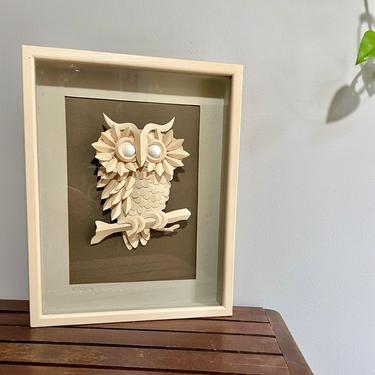 Vintage Shadow Box Frame, Cut Paper, 3D, Owl Wall Hanging Art - Signed by artist, White Brown Grey, 1980's, Neutral Halloween Home Decor 