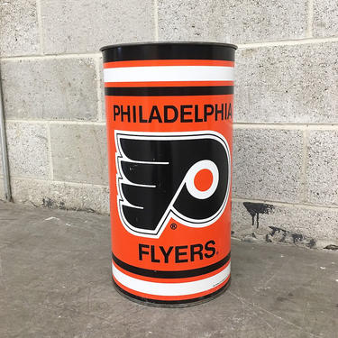 Vintage Trash Can Retro 1990s Philadelphia Flyers + Ice Hockey + Gritty + NHL + Metal + Orange and Black + Wastepaper Basket + Home Decor 