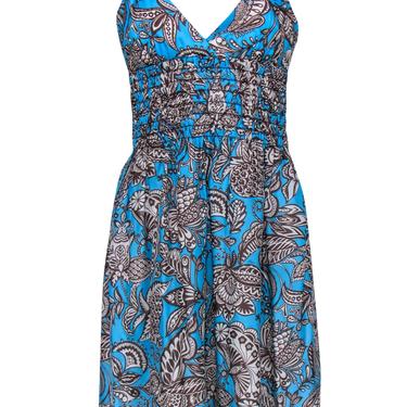 Trina Turk - Bright Blue &amp; Brown Paisley Print Smocked Waist Dress Sz 6