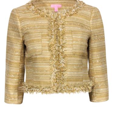 Lilly Pulitzer - Pale Yellow &amp; Gold Cropped Tweed Jacket w/ Fringe Sz 4