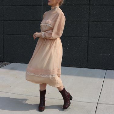 Vintage Dress Lace Collar / 60's Sheer Overlay Puff Sleeve Gown / Medium 